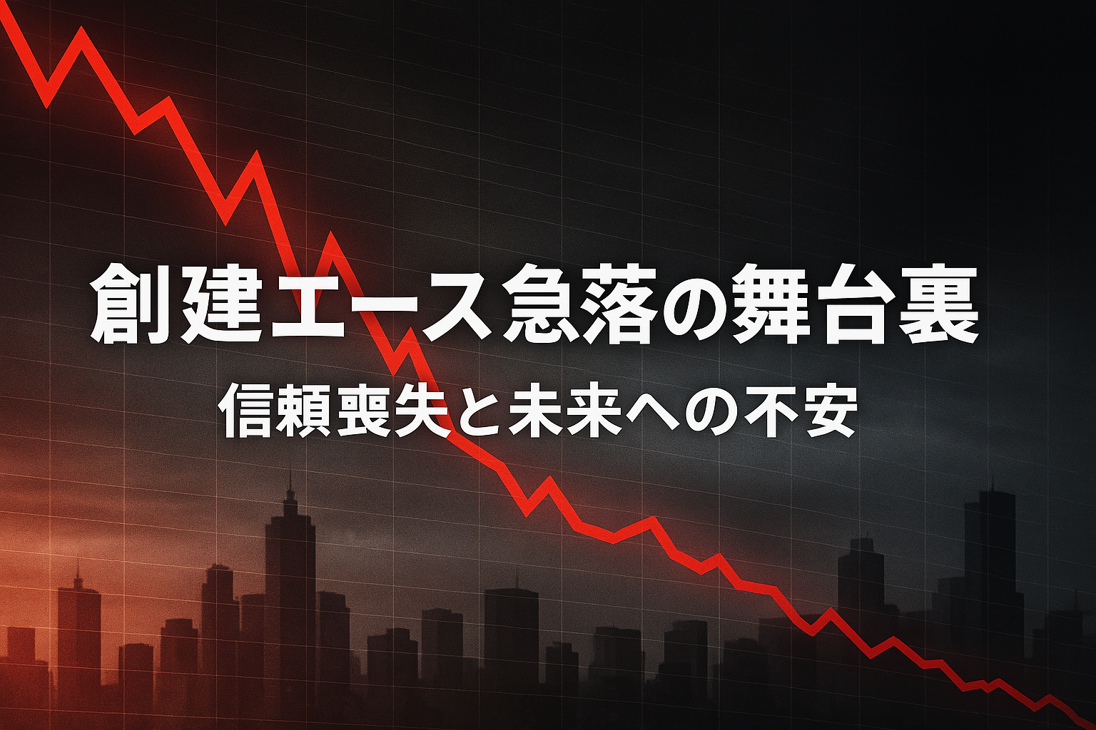 株価崩壊を象徴する都市背景と赤グラフ